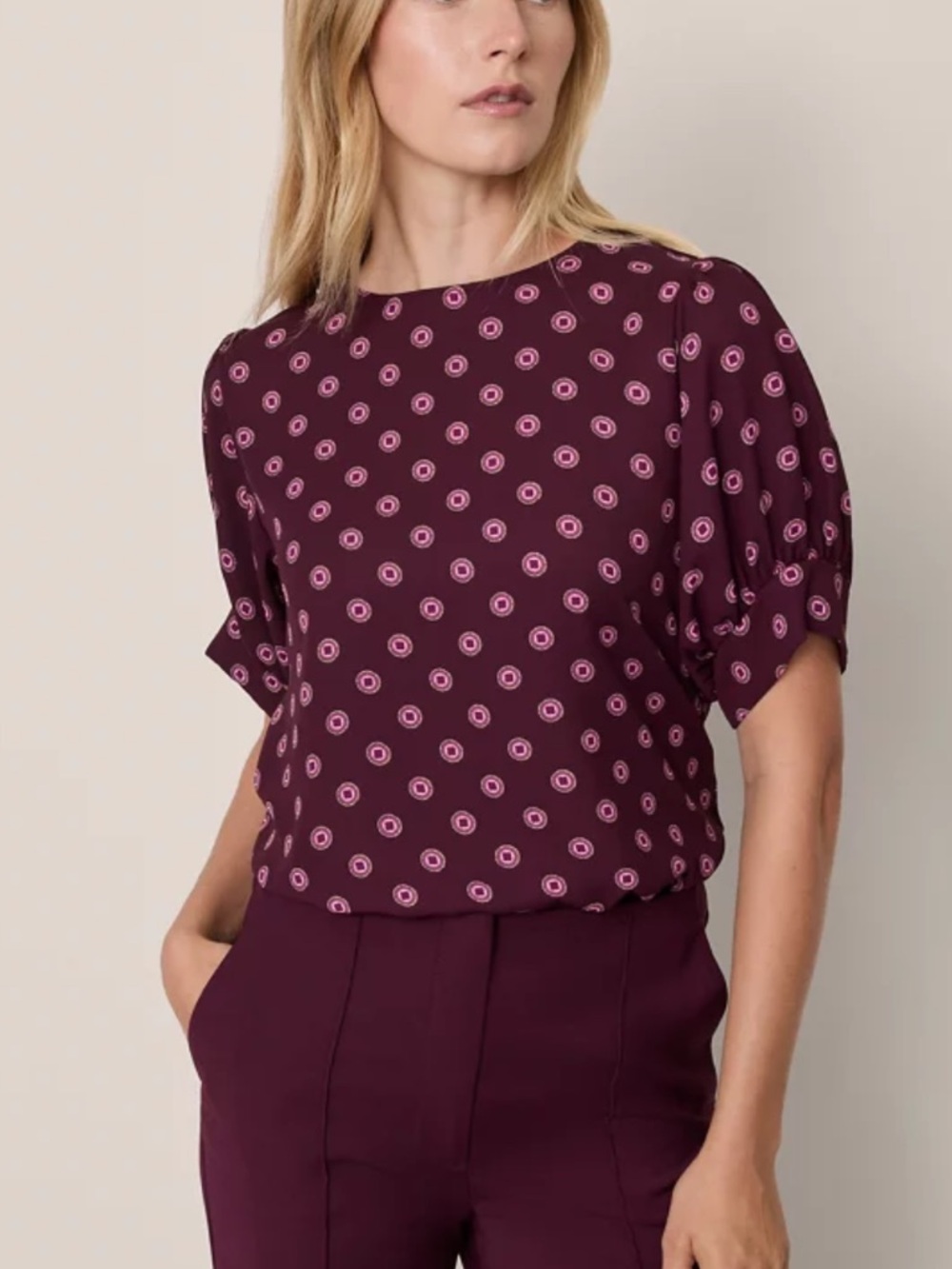 Ann Taylor Mixed Media Popover Plum Printed Short Sleeve Blouse